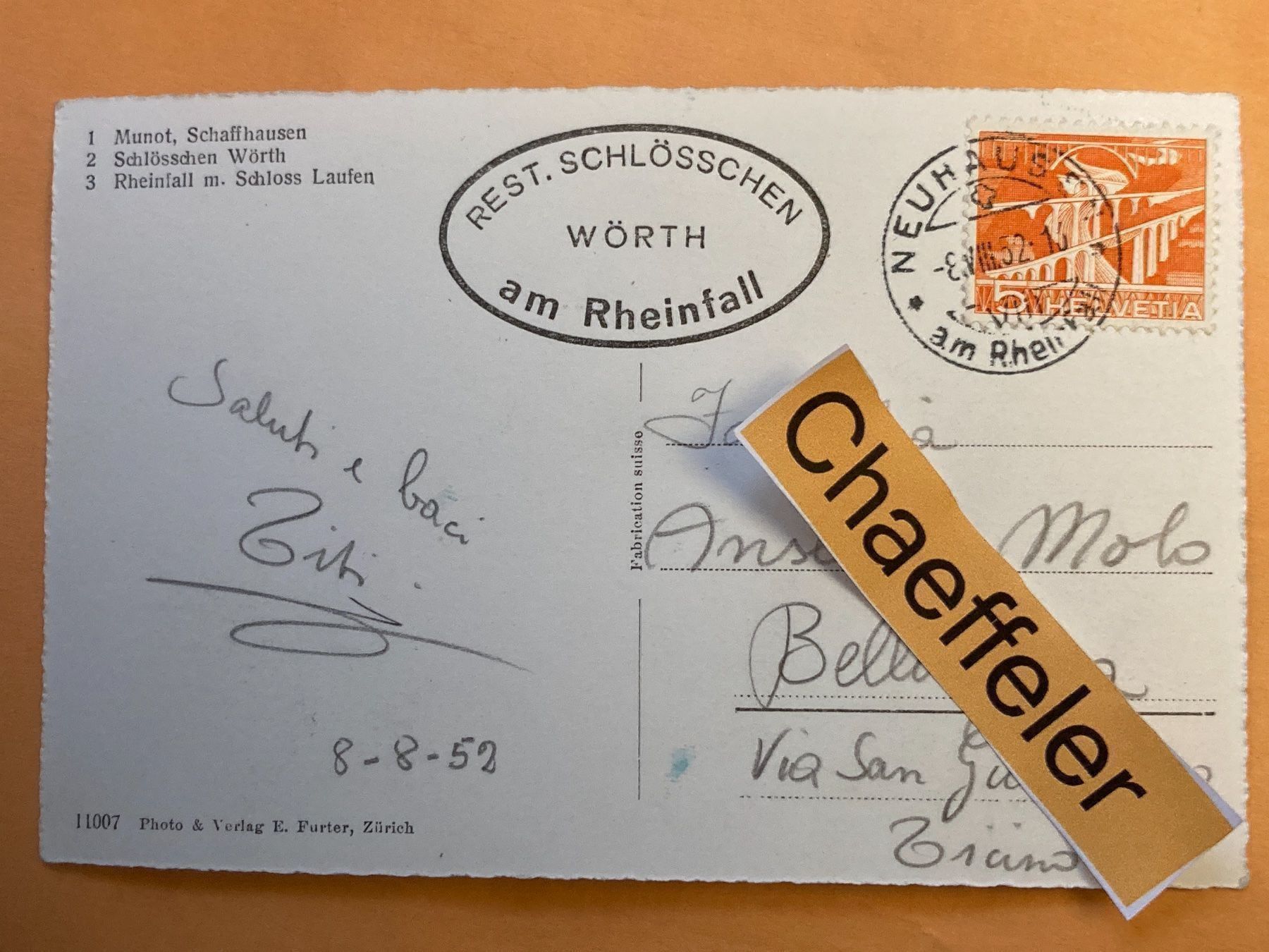 Cartes postales: 1952 Rheinfall mit Schloss Laufen – D'occasion à Zürich par Chaeffeler 1