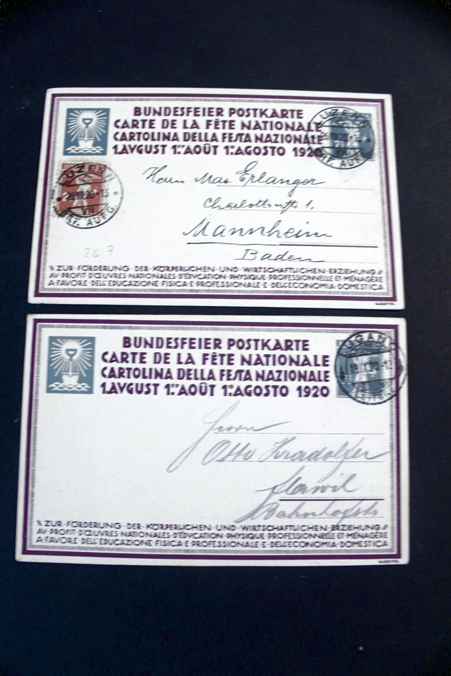 Cartoline postali: 2x BUNDESFEIER - POSTKARTE, 1920. Gelaufen – Usato da Bern venduto da Vitaneuf 1