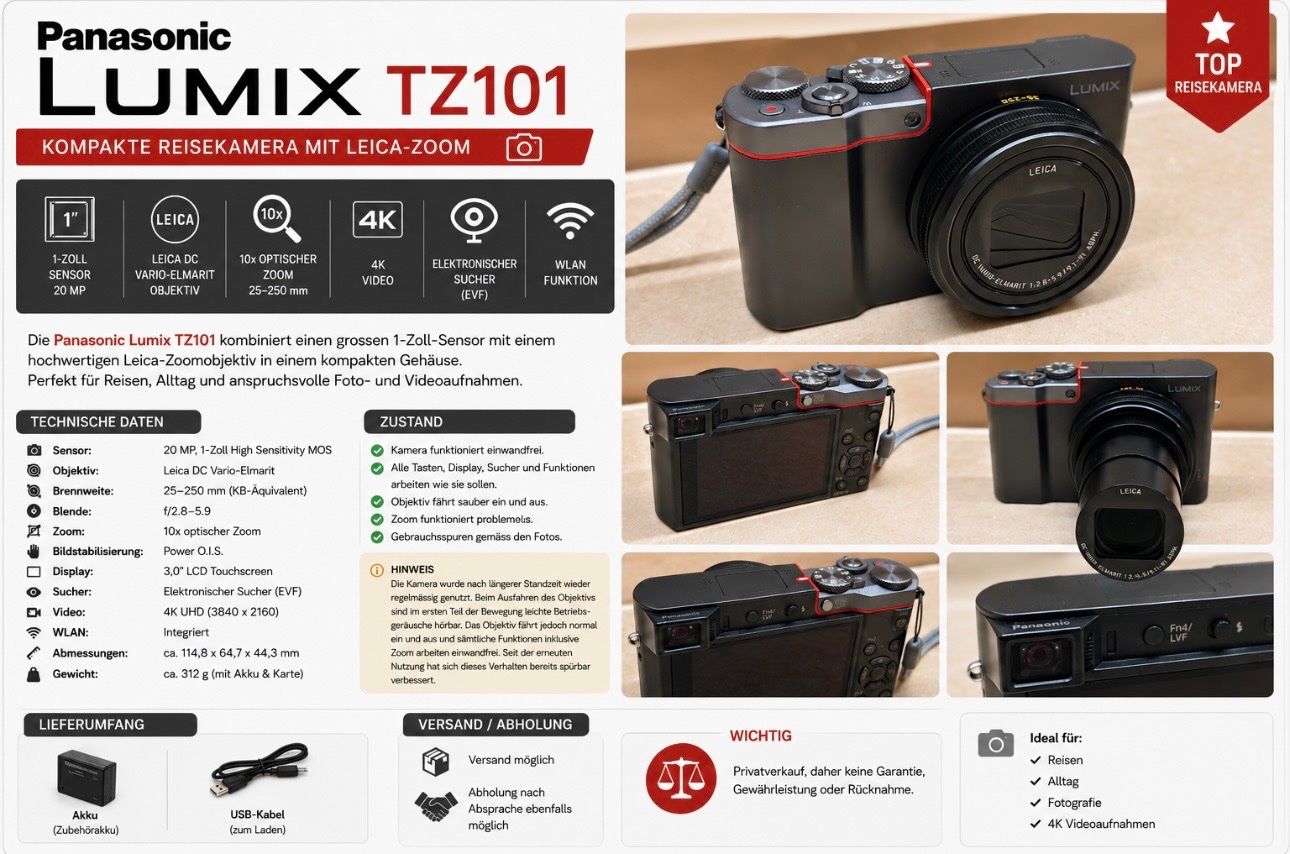Panasonic Fotocamera: Panasonic Lumix TZ101 (2.937 Auslösungen) – Usato da Siggenthal Station venduto da DynamicLight