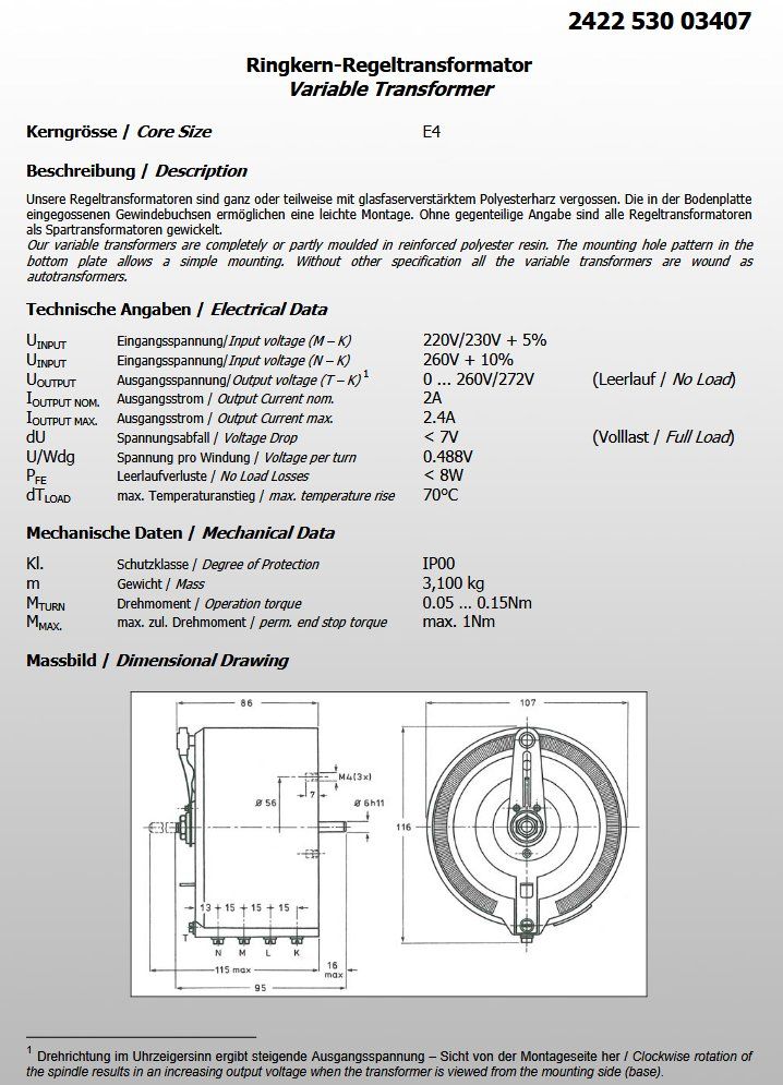 Componenti elettronici: Variac / Stell- / Regeltransformator 0-260V / 2A – Usato da Emmenbrücke venduto da mgarlando 4