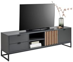 TV-Lowboard dunkelgrau mit Holzlamellen guter Zustand