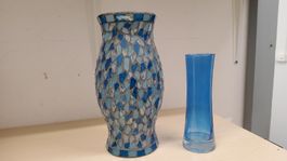 2er Set: Blaue Vasen - Mosaik & Glas, Top Zustand!