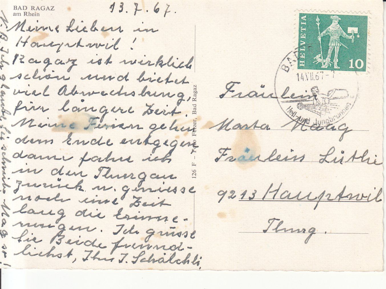 Ansichtskarten: Bad Ragaz, Rhein, 1967 – Gebraucht aus Bürglen TG von StampGraf 1