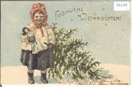 Fröhliche Weihnachten - Präge-Litho - Mädchen mit Tannenbaum