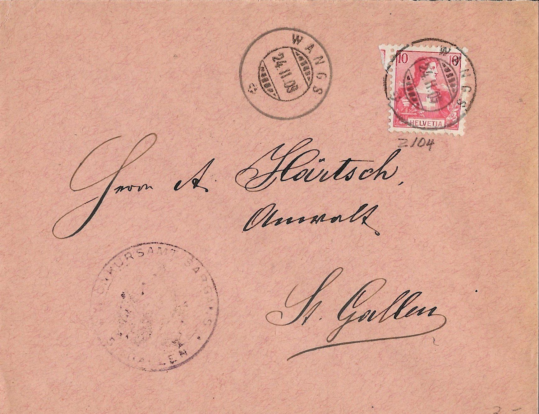 Ansichtskarten: Vollstempel, Wangs SG, 1909 – Gebraucht aus Frauenfeld von Merk52