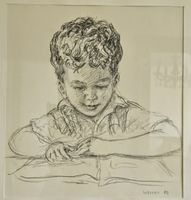 Heini Waser, Zeichnung, 1986, Portrait, Knabe mit Heft/ Buch