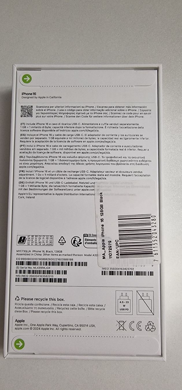 Apple Telefoni cellulari / Smartphones: iPhone 16, 128GB, schwarz, neu & ungeöffnet  – Nuovo e nell'imballaggio originale da Zollikofen venduto da tiga257 1