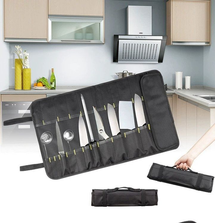 Estuche Enrollable Para Cuchillos De Chef – Lona Encerada, 11 Ranuras, Asa Y Correa De Hombro, Ideal Para Cocina Y Camping