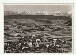 Postkarte 1967 Biglen, Hotel Baeren, Panorama mit Alpen