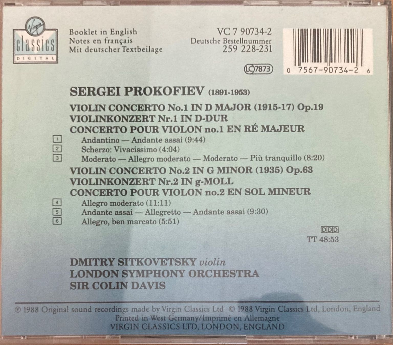 CD: PROKOFIEV..... - VIOLIN CONCERTO NOS. 1 & 2 – Usato da Poliez-Pittet venduto da Newtown-Records 1