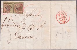 1843, Doppelgenf Nr.3 auf ORIGINAL-Beleg, Marke jed. falsch