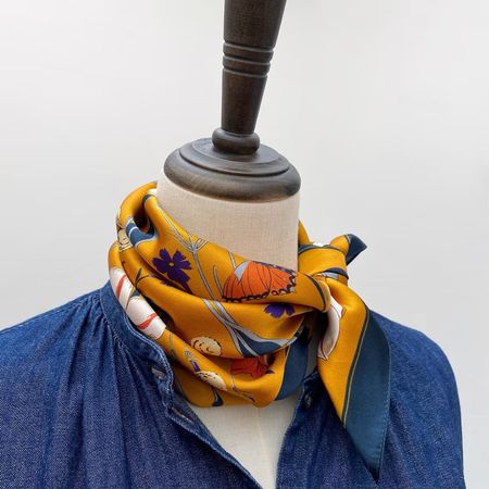 New 53cm Poppy Flower Silk Scarf, Mustard Yellow Halstuch
