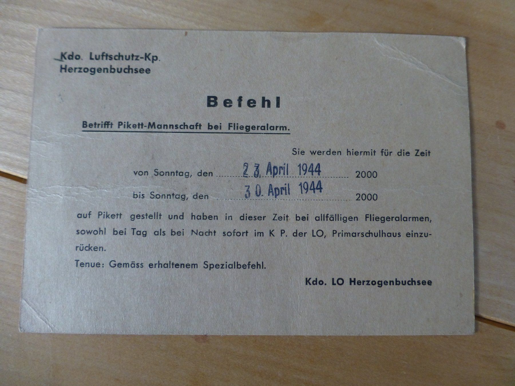 Dokumente: Herzogenbuchsee, Militärsache 1944 – Gebraucht aus Bettlach von 1saurer 1