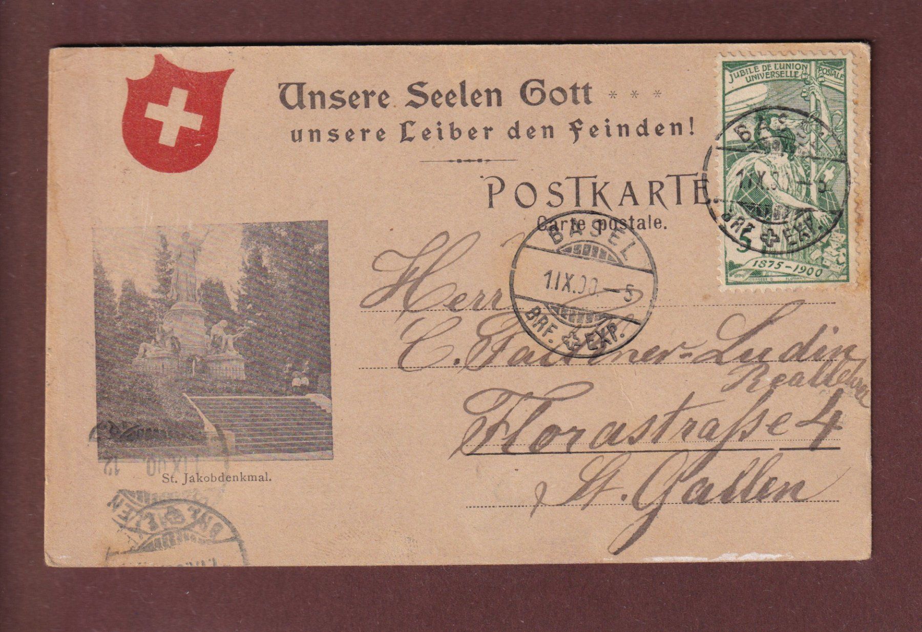 Cartoline postali: BASEL - St. Jakobschlacht-Feier 1900 UPU – Usato da Pully venduto da nicecards 1
