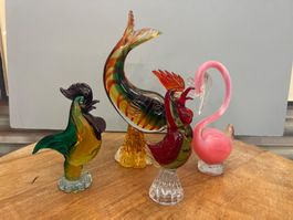 4er Lot Glas Figuren - Flamingo, Fisch & zwei Hähne