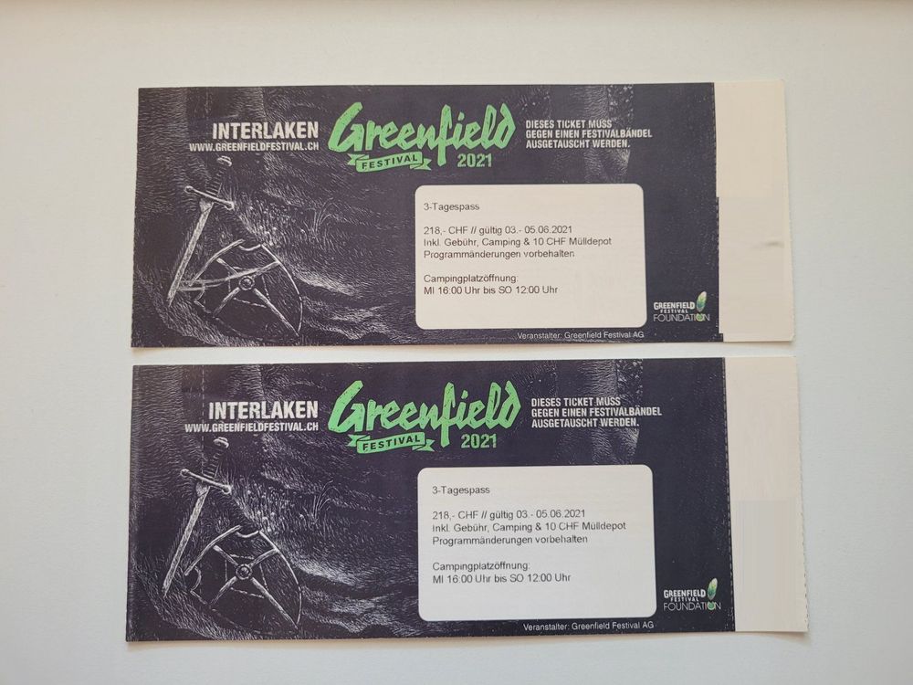 Greenfield Festival Tickets 2022 / 2021 2 x 3 Tagespass Kaufen auf