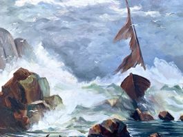 Ölgemälde "Boot im Sturm", signiert R. Emanet, vintage