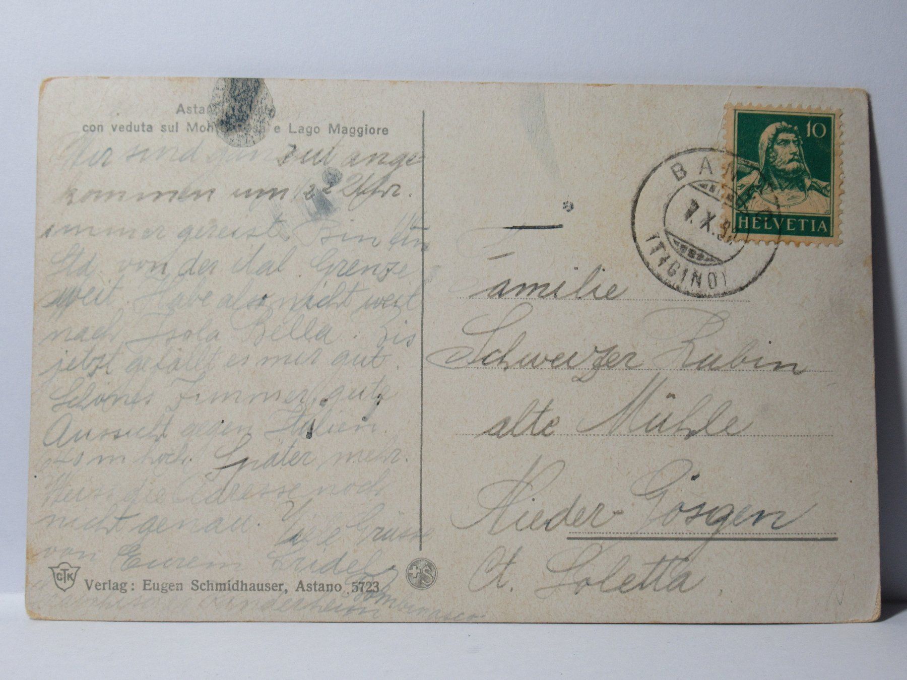 Cartoline postali: Astano mit Blick auf den Monte Rosa & Langensee , Kirche – Usato da Grenchen venduto da Bluemchen1900 2