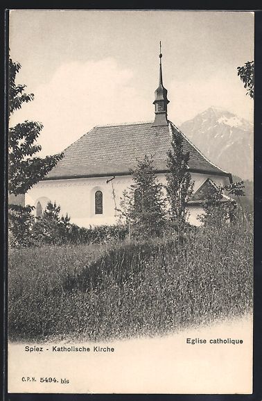 Cartoline postali: Spiez, Katholische Kirche mit Berggipfel – Usato da Berlin venduto da bartko-reher