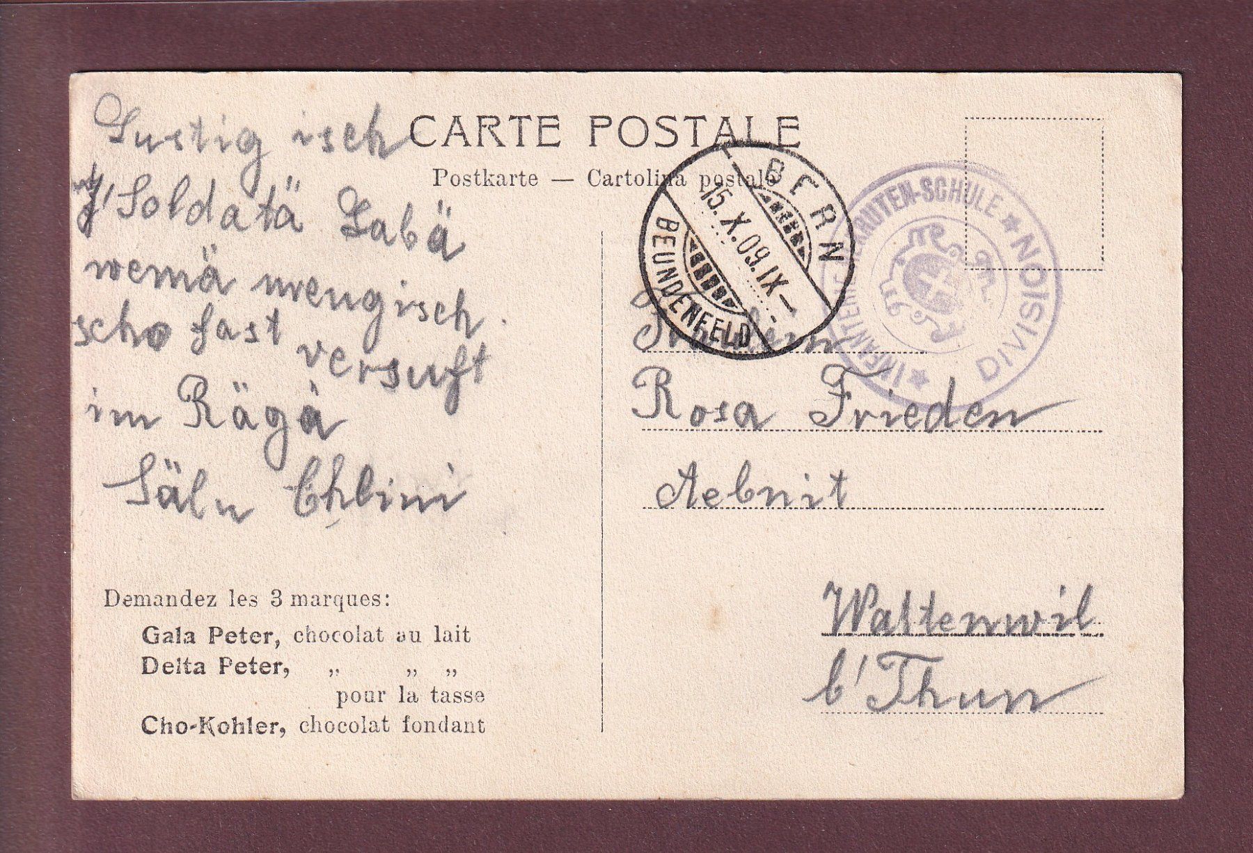 Cartoline postali: INFANTERIE - Bern - 1909 Feldpost – Usato da Pully venduto da nicecards 1