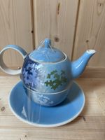 Teekanne mit Untertasse blau Blumen Dekor neuwertig