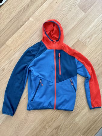 Fleecejacke mit Kapuze blau rot mehrfarbig guter Zustand
