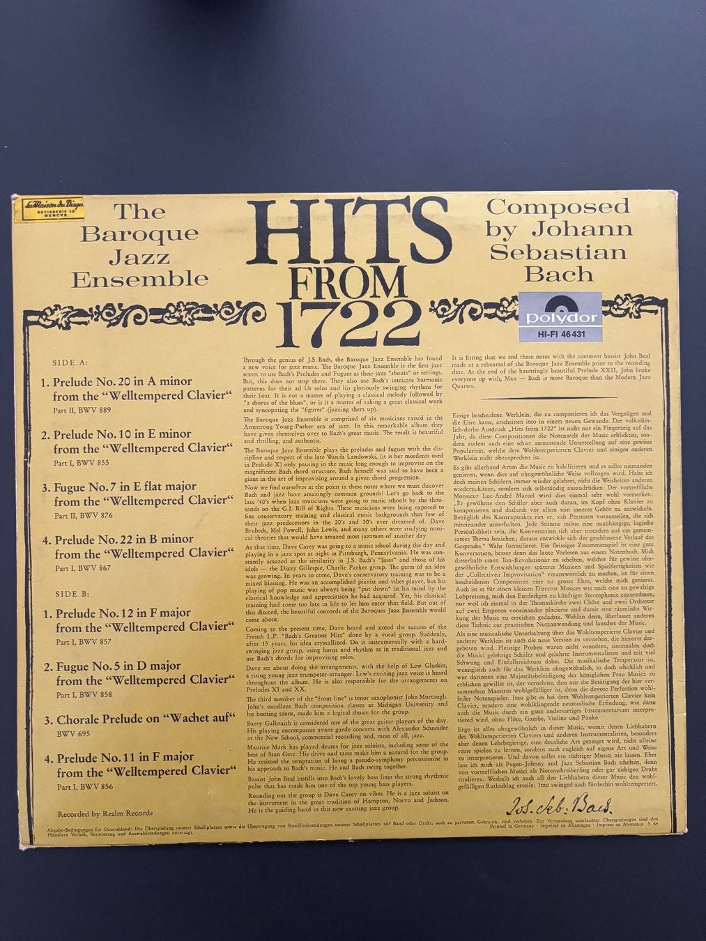 Dischi in vinile: Vinyle Bach - Hits From 1722 - Baroque Jazz Ensemble – Usato da Sion venduto da Alpin_Golf 1