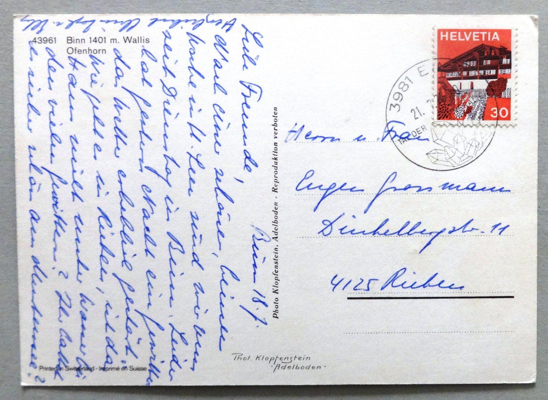 Cartoline postali: Binn 1401 m, Ofenhorn – Usato da Fétigny venduto da Billy2miny 1