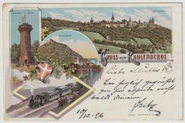 Lithographie, Gruss vom Kahlenberge Wien, Austria, Eisenbahn