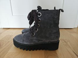 Schnürstiefel Alpe, Wildleder grau mit Strass, neu, Gr 39
