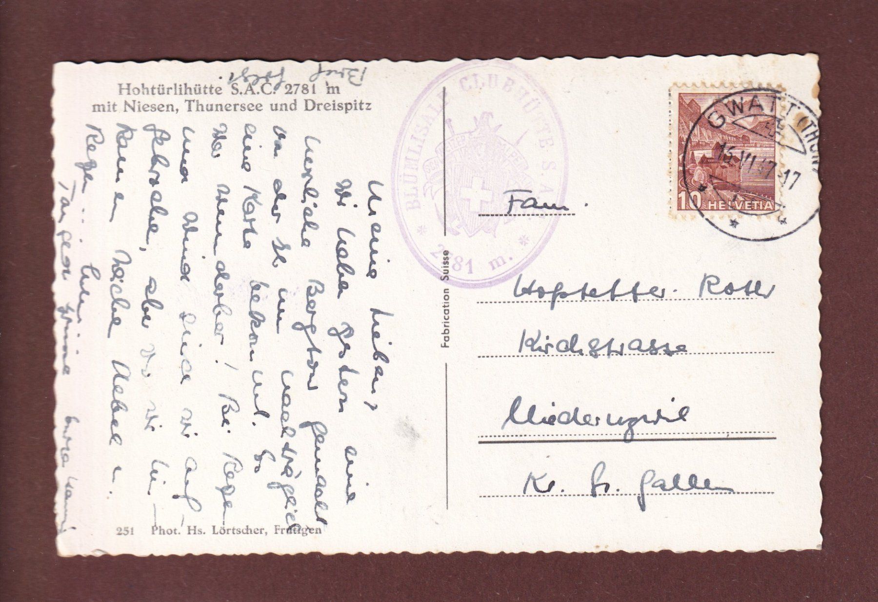 Cartoline postali: HOHTÜRLIHÜTTE - 1947 – Usato da Pully venduto da nicecards 1