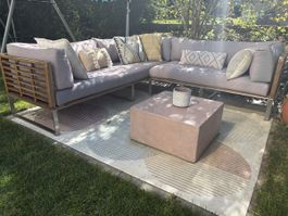 Gartenlounge Ecksofa Holz und Metall hellgrau gebraucht