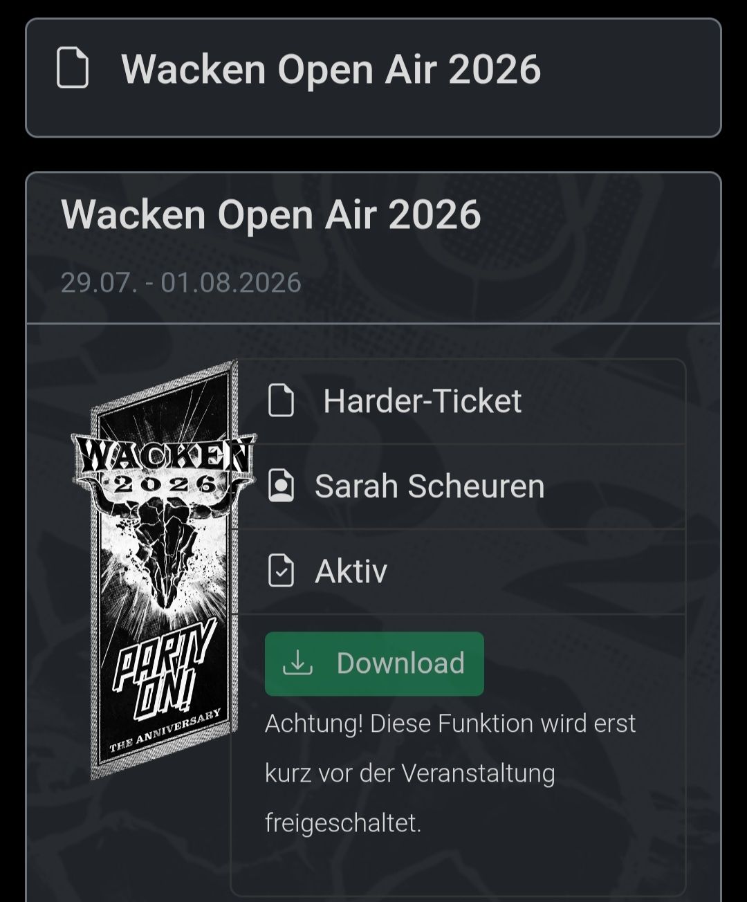Biglietti: Wacken Open Air 2026 4-Tages Ticket – Nuovo e nell'imballaggio originale da Vordemwald venduto da EquiVitalBalance 1