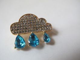 Hübsche Brosche Wolke mit Regentropfen, Gold und Blau