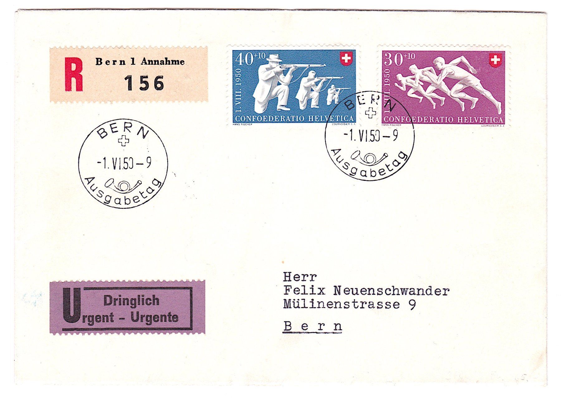 Tutti i francobolli: PP 1950 FDC B46-50, BERN 1.VI.50, auf  3 Briefen – Usato da Richterswil venduto da Dyaris2025 4