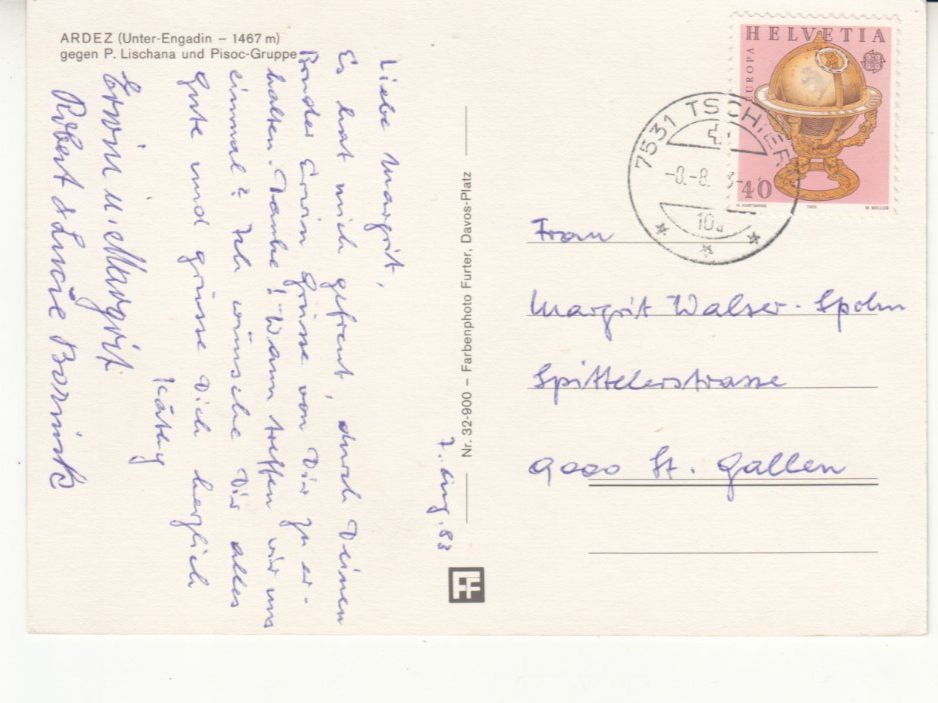 Cartoline postali: Ardez 1983 – Usato da Bürglen TG venduto da StampGraf 1