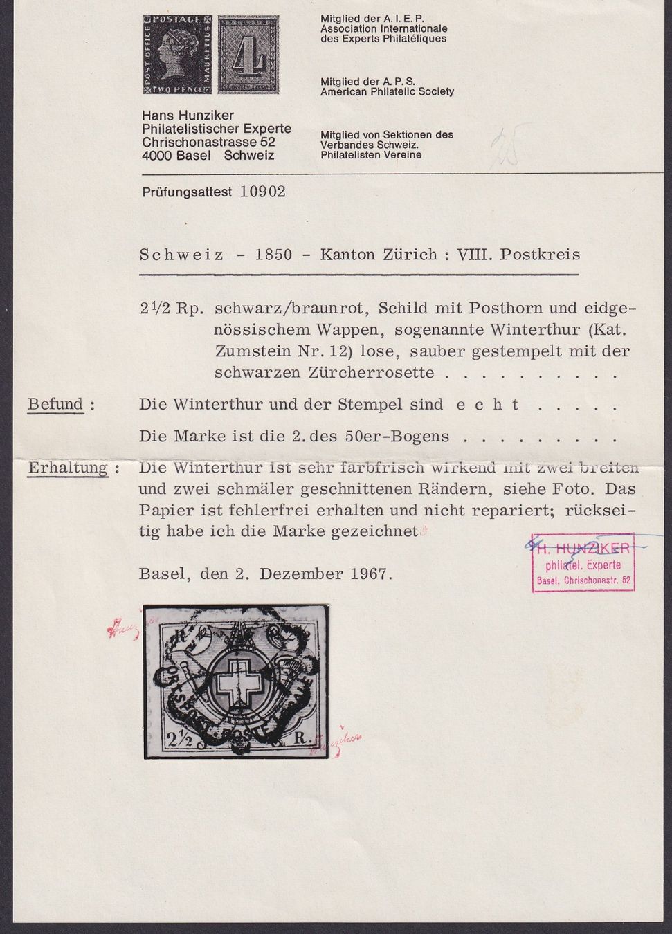Tutti i francobolli: WINTERTHUR, Nr.12, fehlerfrei mit Attest, Kat: 5400.-+ – Usato da Sursee venduto da Luzernerraute 2