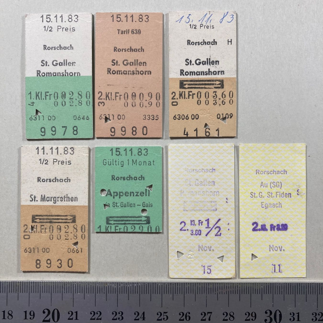 Billets: Rorschach, 7 alte Bahnbillette, SBB – D'occasion à Lenzburg par fh1