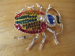Brosche Käfer mit bunten Strasssteinen, Gold Optik