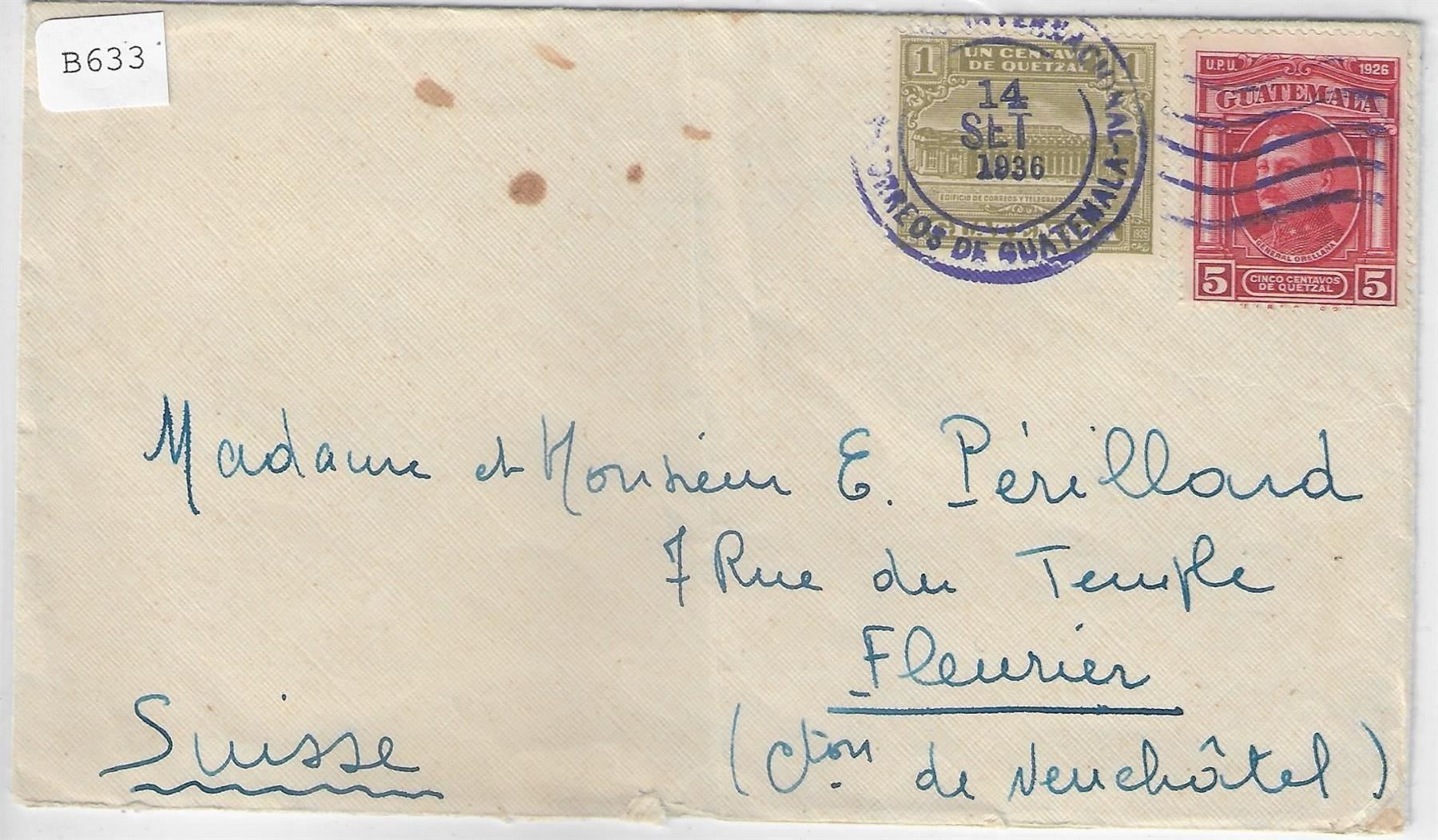 Alle Briefmarken: Guateamala 14. Sept. 1936 Brief nach – Gebraucht aus Ettingen von Kartenplanet