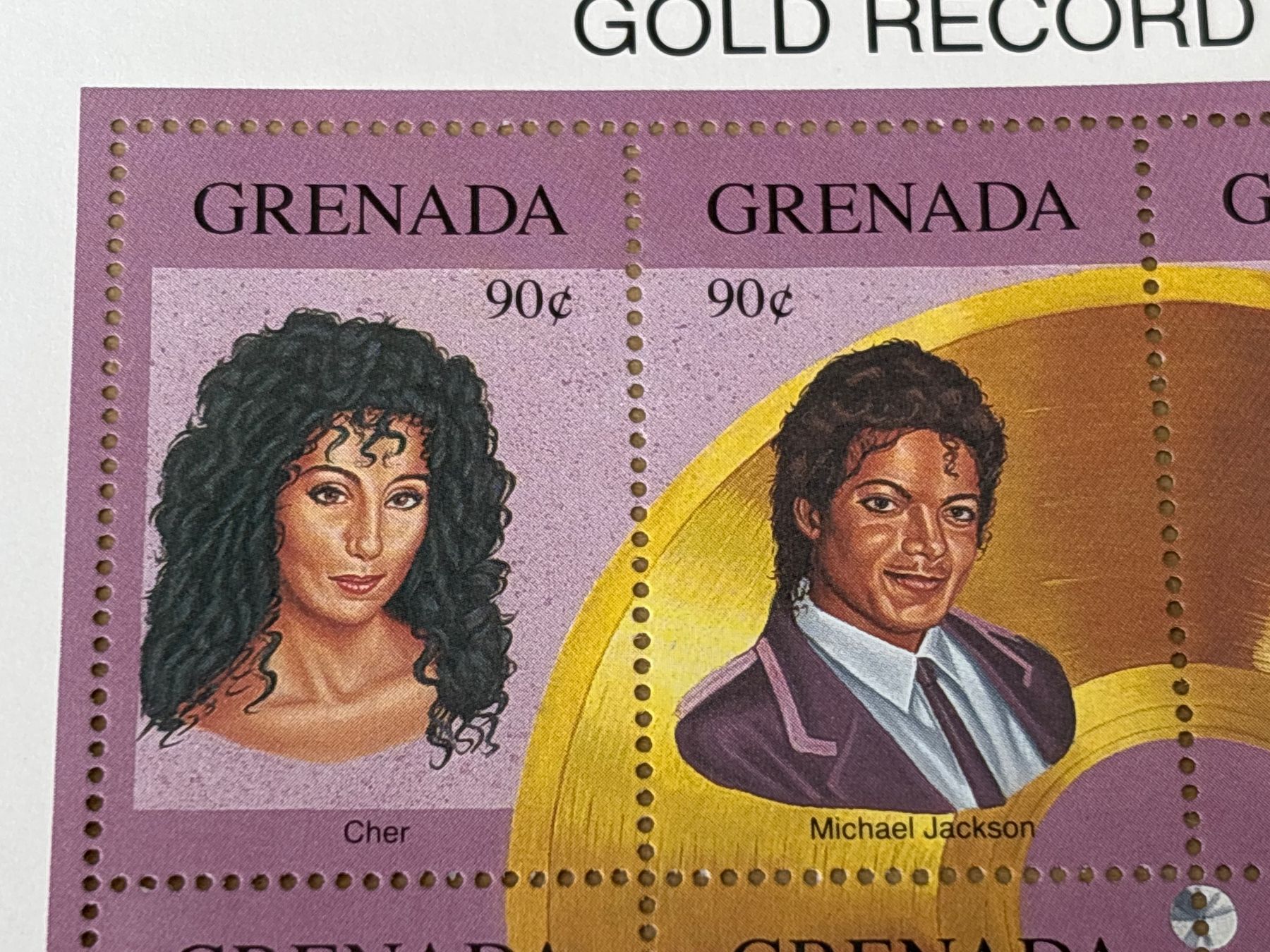 Tous les timbres: Grenada Briefmarken Gold Record Awards Cher, Michael Jackson – Neuf avec emballage d'origine à Zürich par engebrunau 1