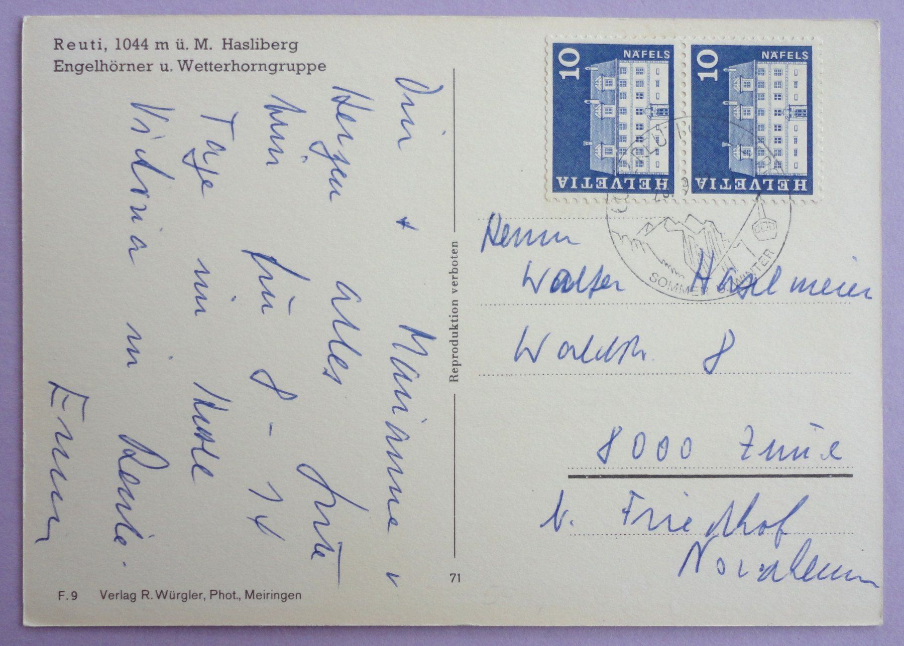 Cartoline postali: Reuti 1044 m ü.M., Hasliberg – Usato da Fétigny venduto da Billy2miny 1