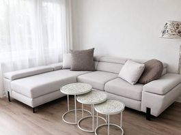 Ecksofa  Weiss/Beige  mit Schlaffunktion, Bettkasten