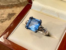 JUGENDSTIL RING SILBER 900-ER TOPAS UM 1900, GR.59
