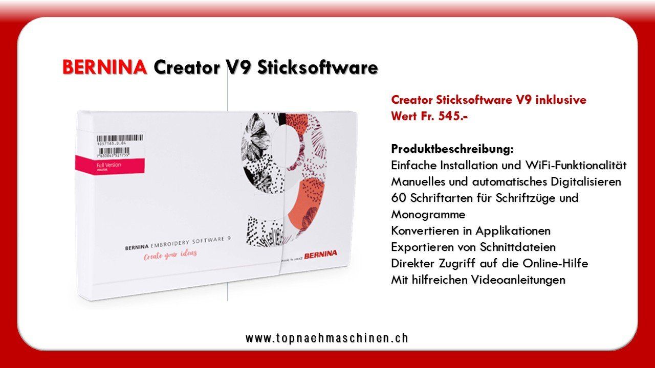 Bernina Macchine da cucire: Bernina 590 inkl. SDT- Stickmodul & Creator V9 – Nuovo e nell'imballaggio originale da Bülach venduto da topnaehmaschinen 4