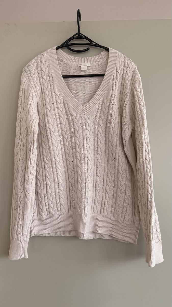 Maglioni & Felpe: Beiger Strickpullover mit V-Ausschnitt und Zopfmuster gr.L – Usato da Winterthur venduto da -BeHappy24- 1