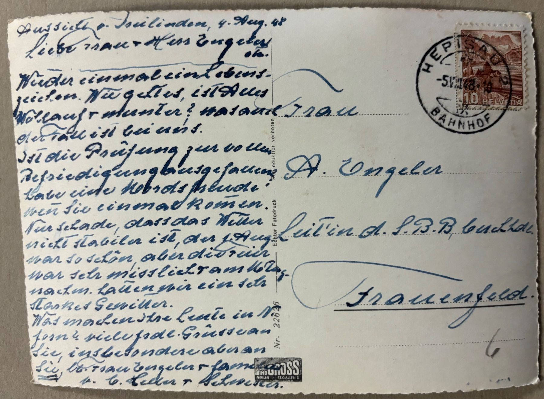 Ansichtskarten: Herisau, 1948 – Gebraucht aus Frauenfeld von Merk52 1
