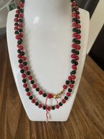 Collier vintage pierres corail et onyx 82 cm très bon état