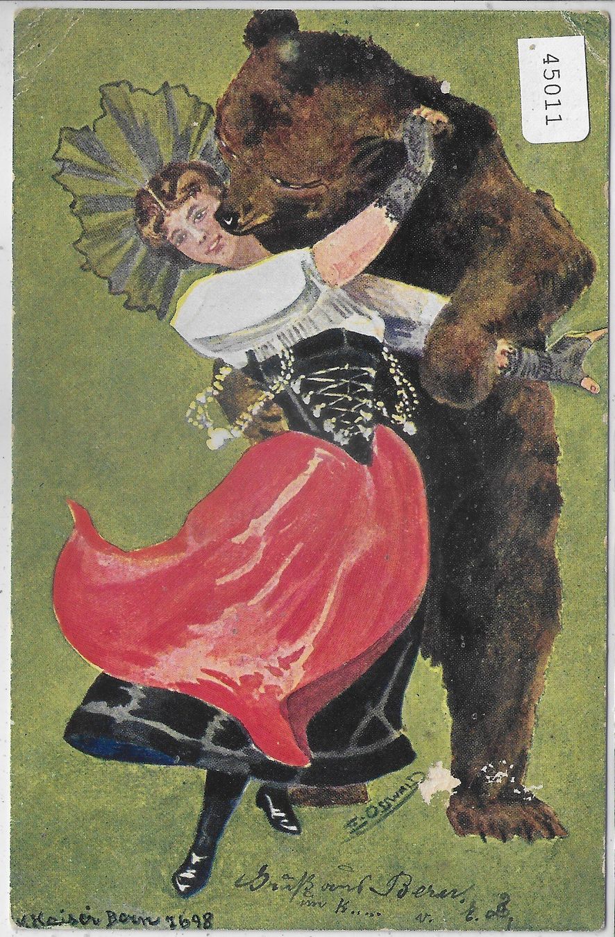 Cartoline postali: Trachtenmädchen Tanz mit dem Bär – Usato da Ettingen venduto da Kartenplanet