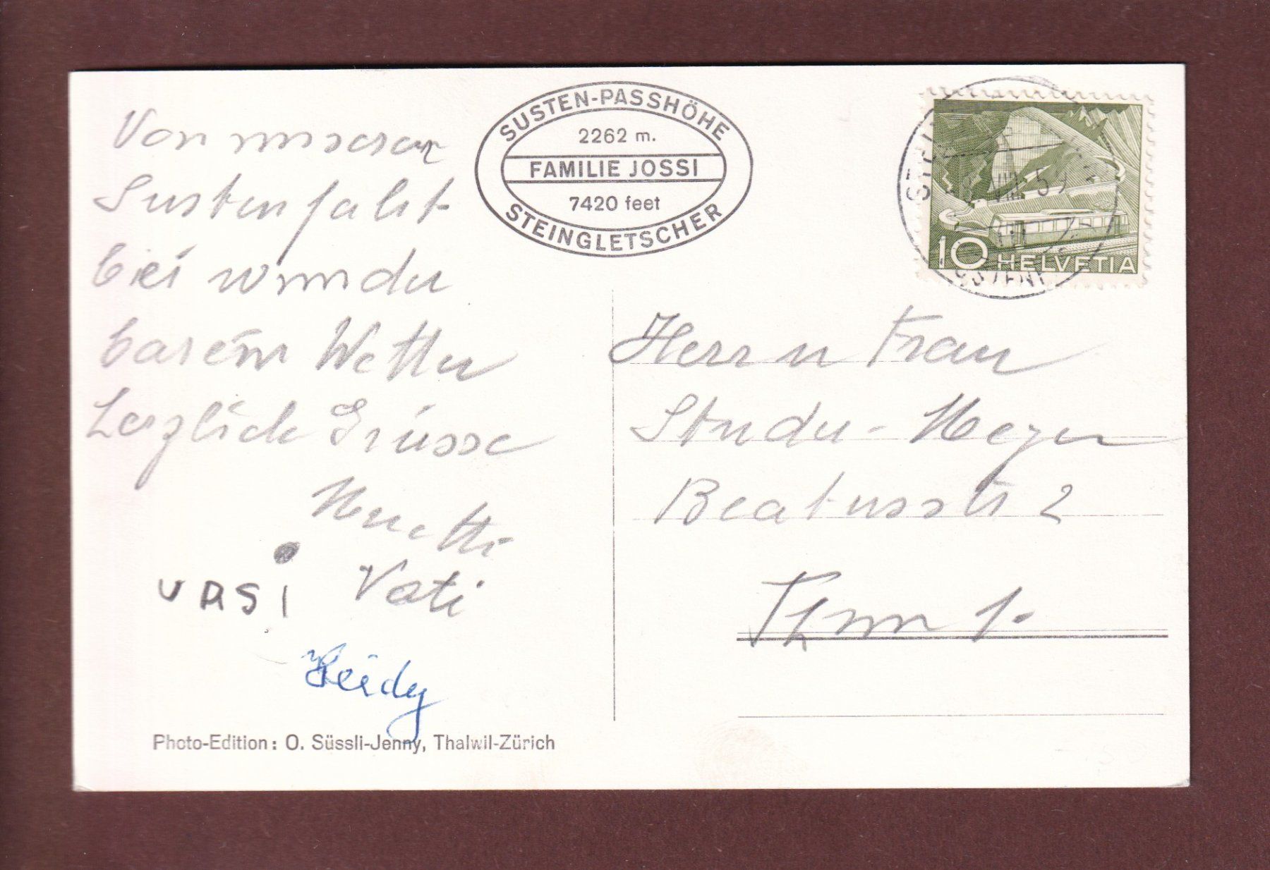 Cartoline postali: SUSTENSTRASSE - Steingletscher - 1959 – Usato da Pully venduto da nicecards 1